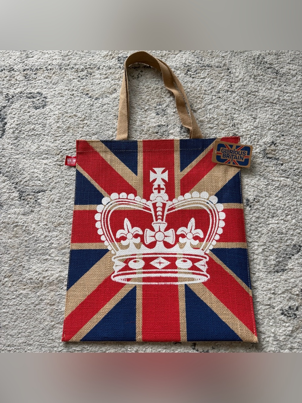 NEW! “Glorious Britain” Jute Tote Bag British Flag Crown